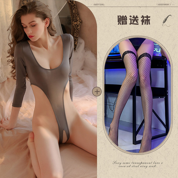 Mannye Qing Sensual Lingerie Set - Sheer Open-Crotch Sleepwear & Uniform-Inspired Bodysuit for Romantic Nights - Gray and black fishnet stockings