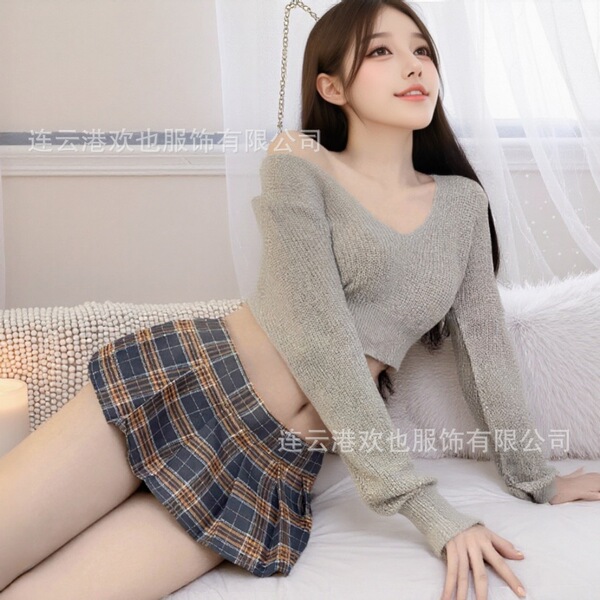 Sexy Student Uniform Set - JK Style Plaid Mini Skirt & Low-Neck Sweater Outfit for Adults - standalone gray plaid skirt