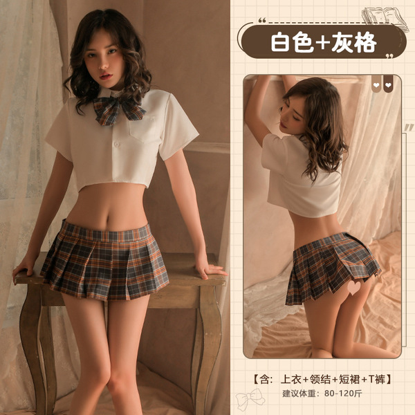 Sexy Student JK Uniform Set - Cute & Seductive Pleated Skirt Role Play Outfit, No-Undress Design - Gray plaid JK uniform
