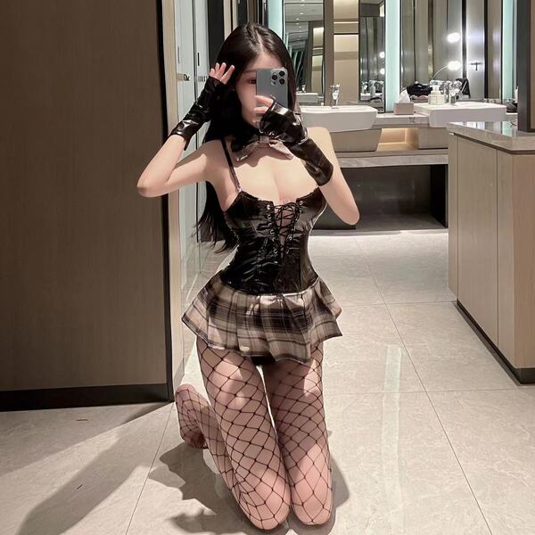 Mimei Seductive Lingerie Set - Bunny Girl PVC Plaid Outfit, Modest Wife Costume for New Year & Parties - Gray [collar + tie + shirt + underwear] + black fishnet stockings