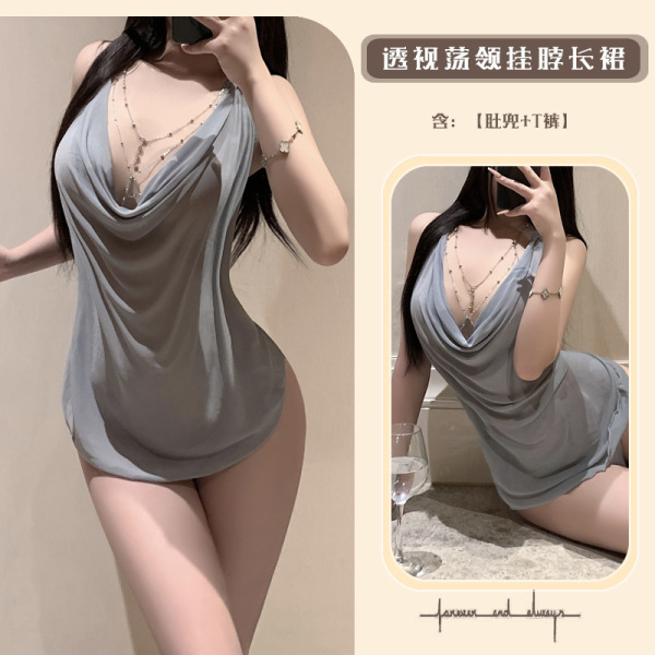 Luminous Gold Lace Bodysuit - Sheer Mesh Halter Sleep Dress for Women, Sexy & Flirty Silhouette Enhancer - Gray-green [short skirt + T-shirt + bra chain]