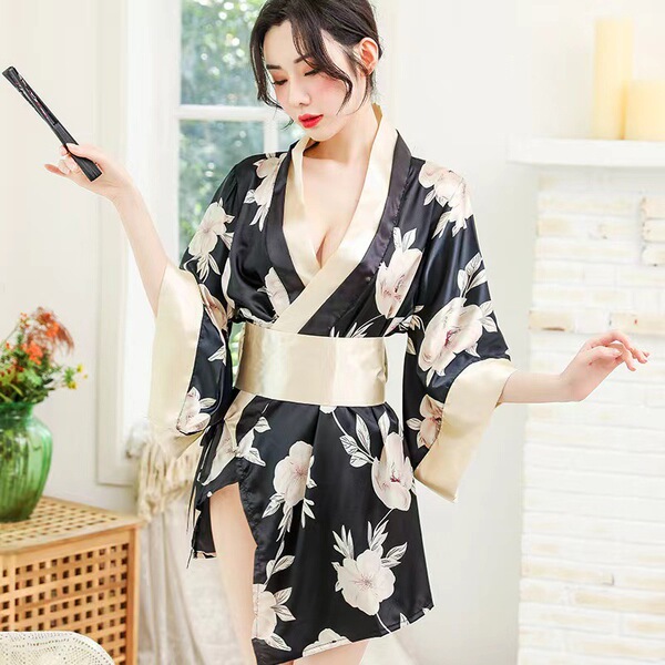 Cherry Blossom Kimono Lingerie Set - Seductive Role Play Bathrobe Outfit for Women - Gray (kimono set + underwear)
