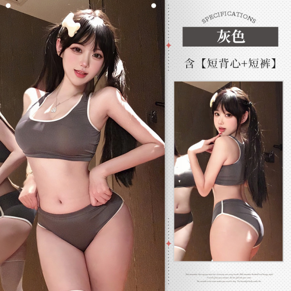 Sensual Lace Trim Crop Top & High-Waisted Sexy Shorts Set - Bold Contrast Sporty Chic Outfit - grey