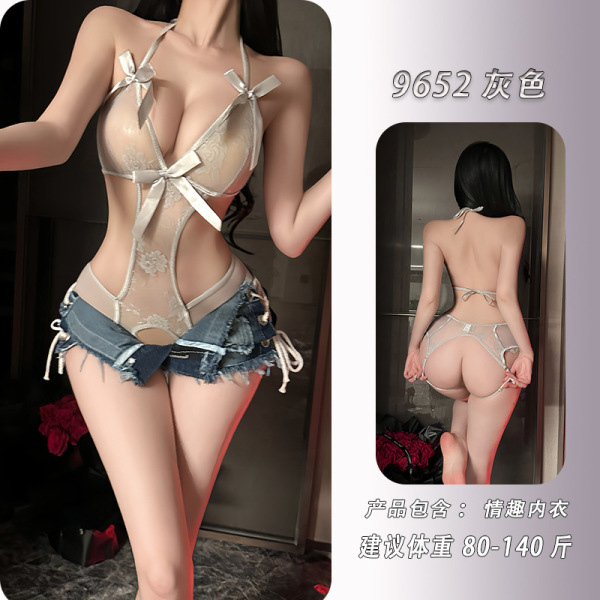 Butterfly Bow Bodysuit with Open-Crotch Design - Sexy Lace Suspender Uniform for Women, Pure Temptation Outfit - grey