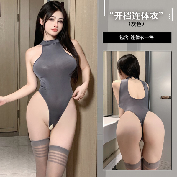 Women's Seductive Ice Silk Bodysuit Sleepwear - Open-Crotch Tight-Fit Black Fishnet Cami Dress - grey
