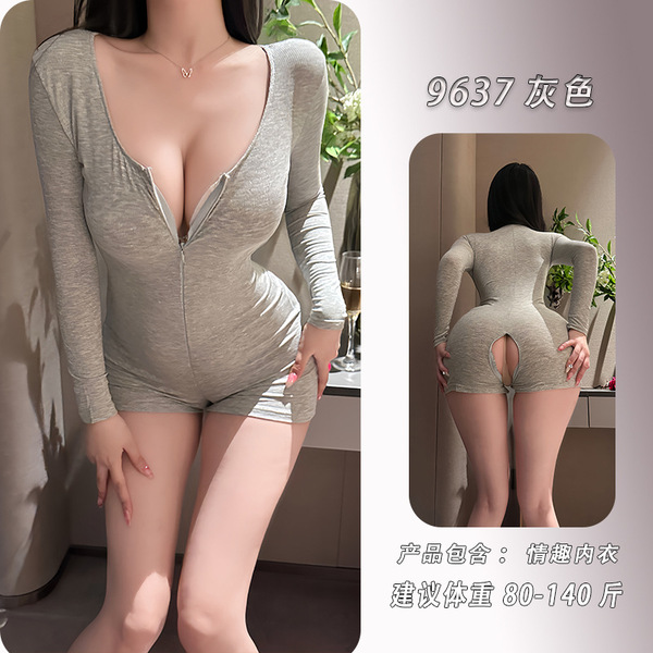 Nightse Nightse Sexy Lingerie T-Shirt - Semi-Open Collar Zip-Up Long Sleeve Bodysuit, Slim-Fit American Style - gray jumpsuit