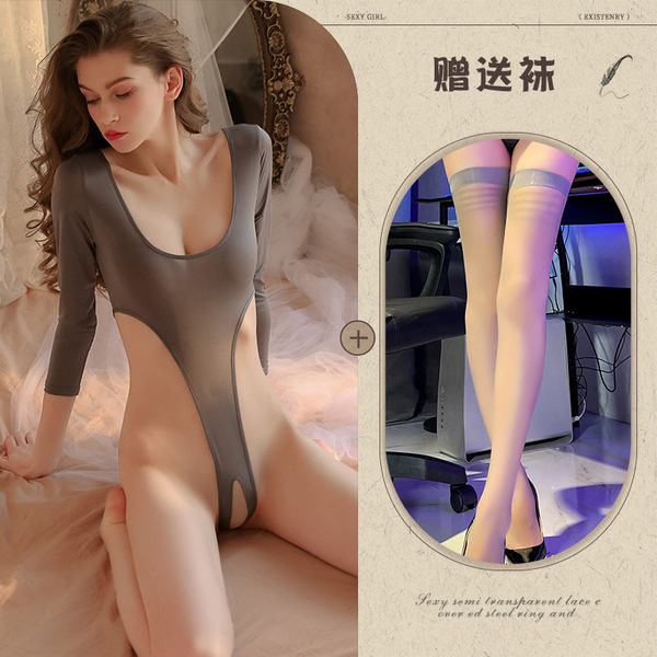 Mannye Qing Sensual Lingerie Set - Sheer Open-Crotch Sleepwear & Uniform-Inspired Bodysuit for Romantic Nights - Gray striped stockings