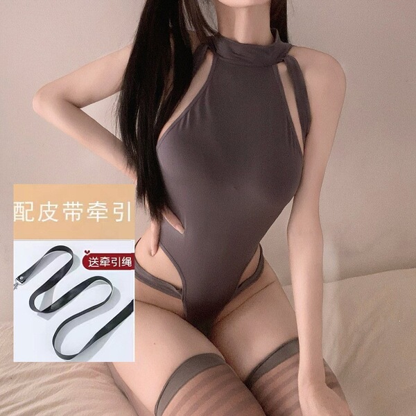 Mannyqing Seductive Lace Bodysuit - No-Remove Uniform Style Ice Silk Open-Crotch Romper for Bedroom Passion - Gray + leather cord + gray striped stockings