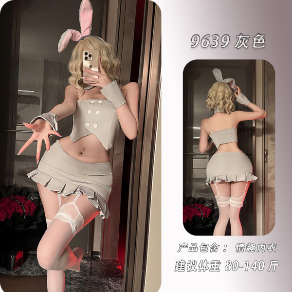 Night-Silk Sensual Bunny Girl Lingerie Set - Modest Yet Sexy Sleepwear Outfit for Women - Grey bunny girl uniform + matching lace garter stockings