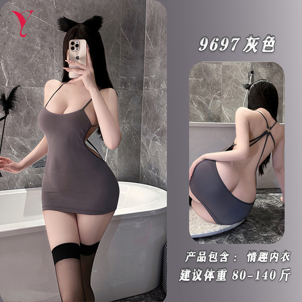 Fei Niao Kui Yue Sexy Lace Backless Sleep Dress - Seductive Sheer Nightgown with Detachable Uniform-Inspired Design - Gray color + matching stockings + matching feather racket