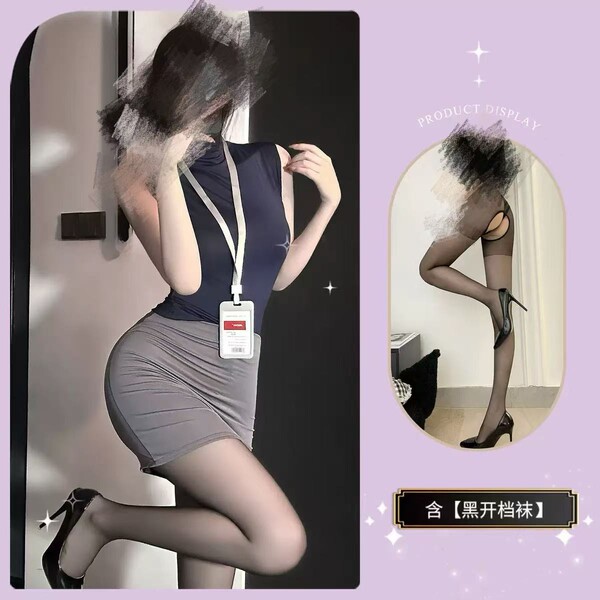 Seductive Secretarial Skirt Set - Airline Stewardess Costume, Removable Sexy Lingerie Outfit for Women - Gray Secretary + Black Open Crotch Socks