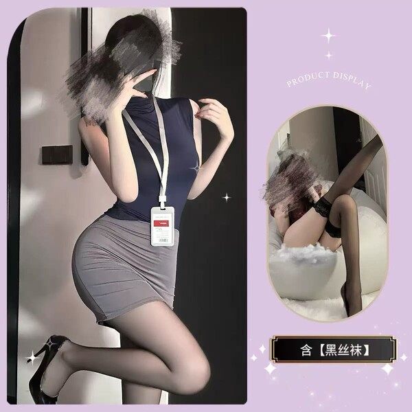 Seductive Secretarial Skirt Set - Airline Stewardess Costume, Removable Sexy Lingerie Outfit for Women - Gray Secretary + Black Stockings