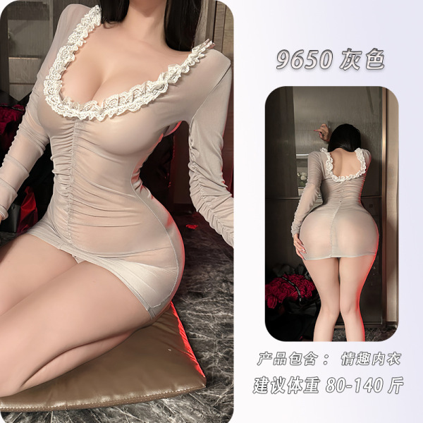 NightSiYeSe Lace V-Neck Sexy Sleepwear Set – Elegant Sheer Lingerie Outfit for Nightclub & Date Nights - Gray [bodycon skirt + thong]