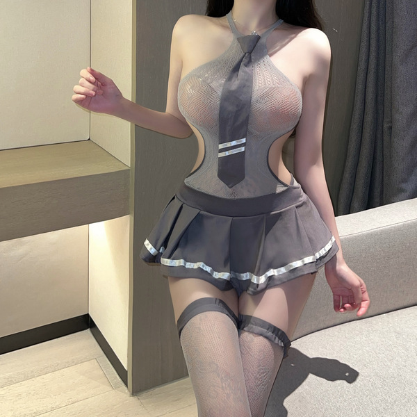 Seductive Lace Mesh Jk Uniform Set - Sexy No-Remove Bodysuit Outfit for Adults - Gray [including socks]