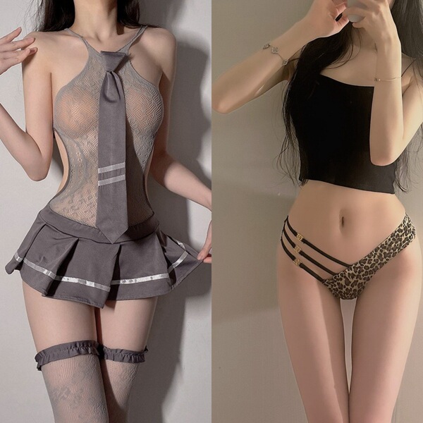 JK Uniform Lingerie Set - Sexy Cosplay Silk Stockings & Seductive Schoolgirl Outfit for Women - Gray suit + leopard print underwear