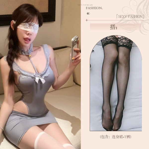 Pure & Seductive Lace Bodysuit - Sexy Q-QNY Style High-Waisted Bodycon Skirt Set for Women - Gray bodysuit + pencil skirt + black stockings
