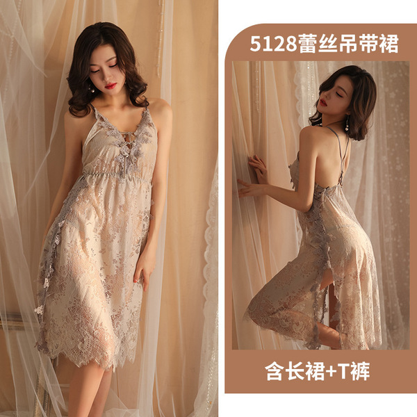 Women's Plus Size Lace Sheer Nightgown - Side-Slit Seductive Mesh Slip Dress for Intimate Moments - Gray and white lace stockings