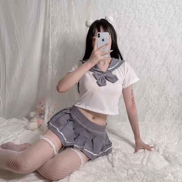 Sexy Mesh Role Play Lingerie Set - Cute Schoolgirl JK Uniform Skirt & Sailor Outfit for Nightclub & Cosplay - Gray and white fishnet stockings