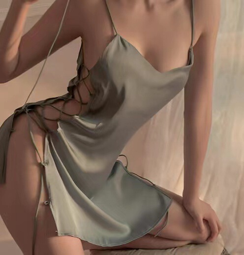 Silky Sexy Lace Sleep Dress with Side Cutouts & Tie Details - Busty Pure Temptation Nightwear - Greenish-gray