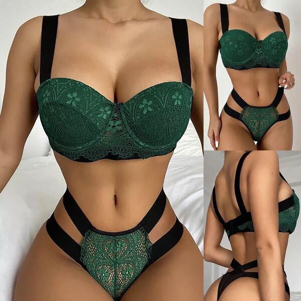 Three-Piece Lace Sheer Matching Set - Sexy Push-Up Bodysuit & Thong Lingerie for Women - green