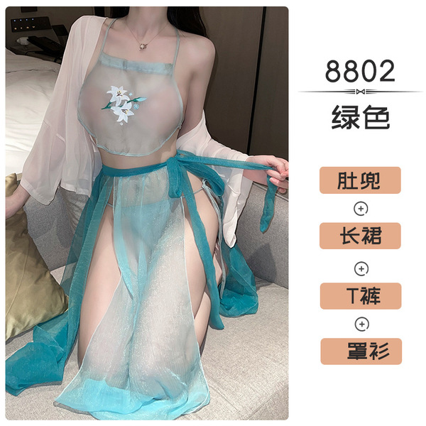 Alluring Hanfu-Inspired Lingerie Set for Small Bust - Seductive Sleepwear & Roleplay Costume - green