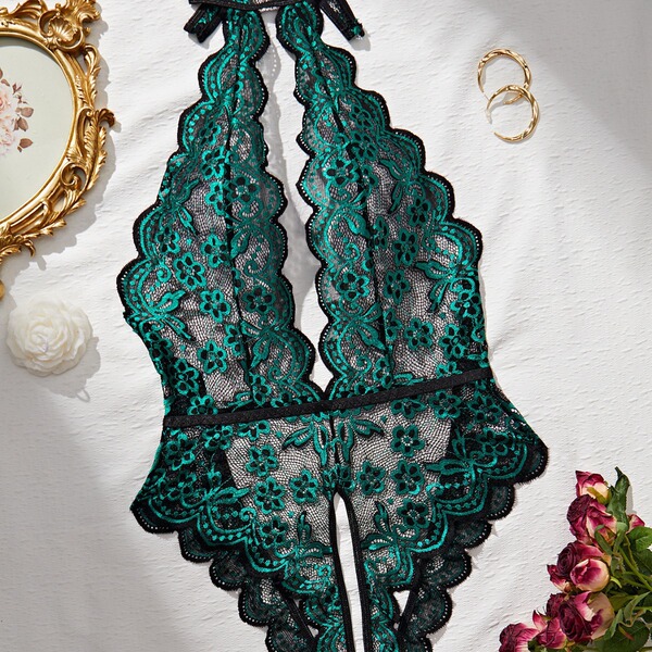 Sexy Lace See-Through Lingerie Set - Deep V Open-Cup Hookless Bra & Crotchless Bodysuit for Women - green