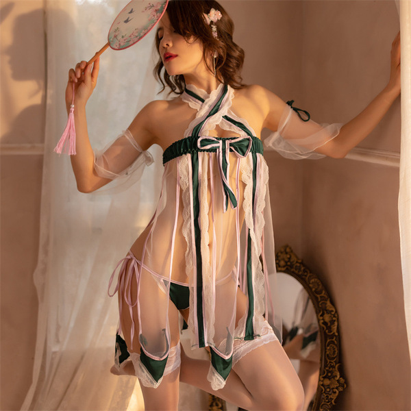 Seductive Hanfu-Inspired Lingerie Set – Sheer Sexy Sleepwear & Maid Costume for Couples - Dark green