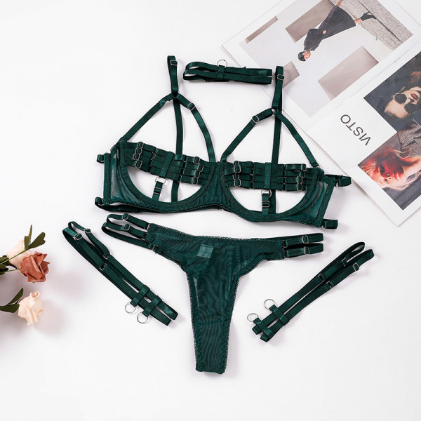 European and American style see-through lingerie four-piece set - Sexy Lingerie Set with Sheer Mesh & Lace, Provocative  - Dark green