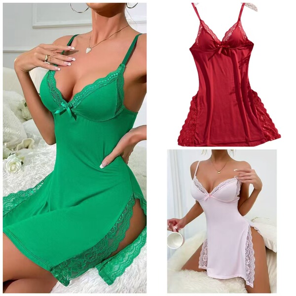 Butterfly Knot Split Slit Cami Sleep Dress – Sexy Lingerie-Inspired Pure & Tempting Nightwear for Women - Green + Pink + Red