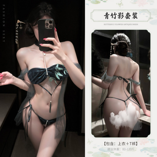 Manyan Qingzhu Ying Three-Bead Uniform Lingerie Set - Seductive No-Remove Date Outfit, Elegant Bamboo Shadow Design - 6921183366582 Green [Top + T-shirt and Pants]