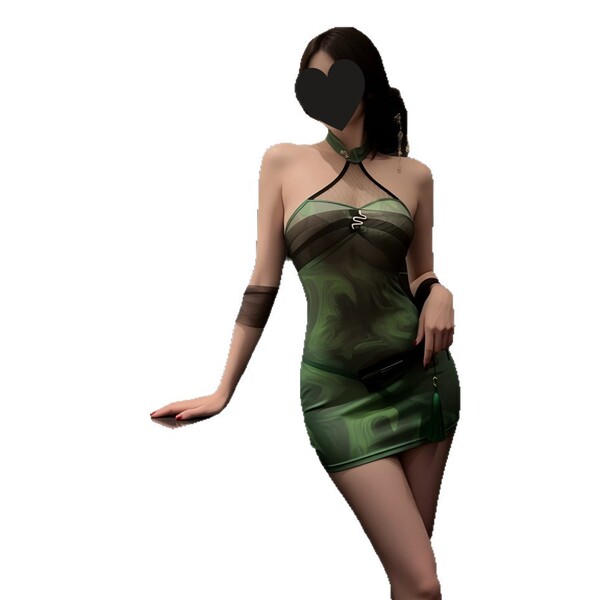 A woman wearing a green snake-themed sheer high-neck bodycon sleep dress, featuring a plunging neckline and elegant design, p...