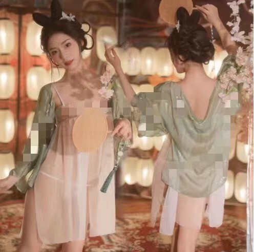 Pure & Alluring Hanfu Lingerie Set for Women – Sheer Mesh Cheongsam-Inspired Split Skirt with Traditional Bodice - Green jade ring style [outerwear + midi skirt + T-shirt +]