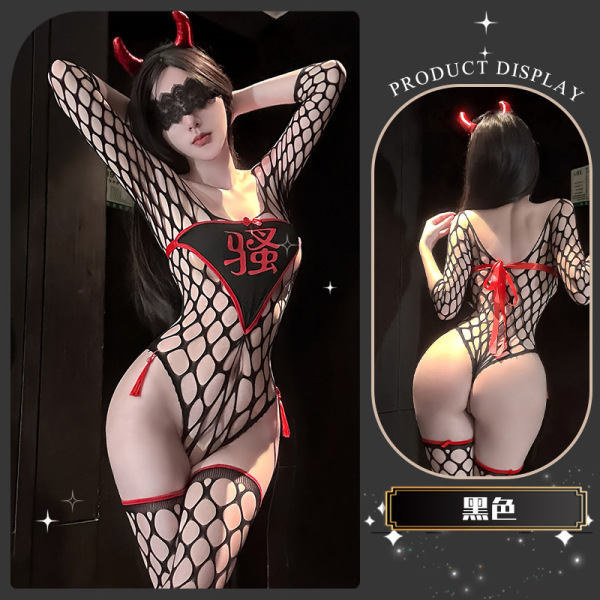 Chaomuqing Lace Mesh Lingerie Set - Seductive Sheer Pure-Delight Erotic Underwear for Women - Hollowed-out mesh design ~ [Mesh bodysuit + socks + headband]