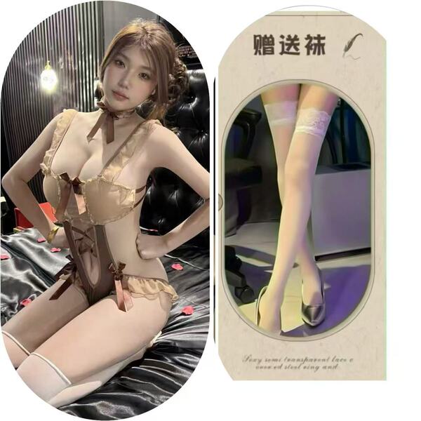 Adorable Lace Bodysuit Set - Sexy Pure & Tempting Costume Lingerie, No-Remove Design for Women - Cute Cat (Onesie + Collar) + White Stockings