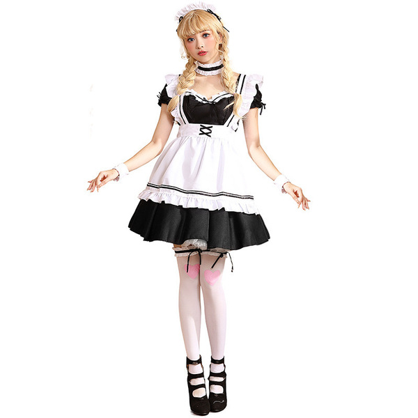 A woman models the guangzhou pinse halloween costume - miracle nikki world tour gothic lolita black & white maid dress, featu...