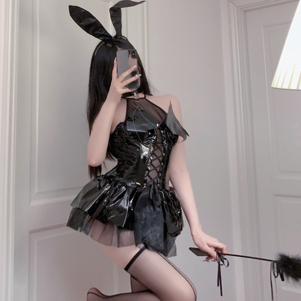 Sexy black pu lace devil wing set dress with halter tie straps and bunny ears, perfect for bold fashion statements.