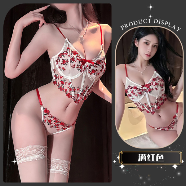 Qingshe Lace Embroidery Lingerie Set – Seductive Push-Up Bra & Thong, Elegant Pure-Yet-Alluring Women's Intimate Wear - Osmanthus fragrance * wine red + white fishnet stockings