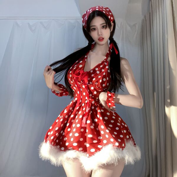 Red polka dot babydoll nightgown with scalloped trim and halter neck, perfect for french chic sleepwear.