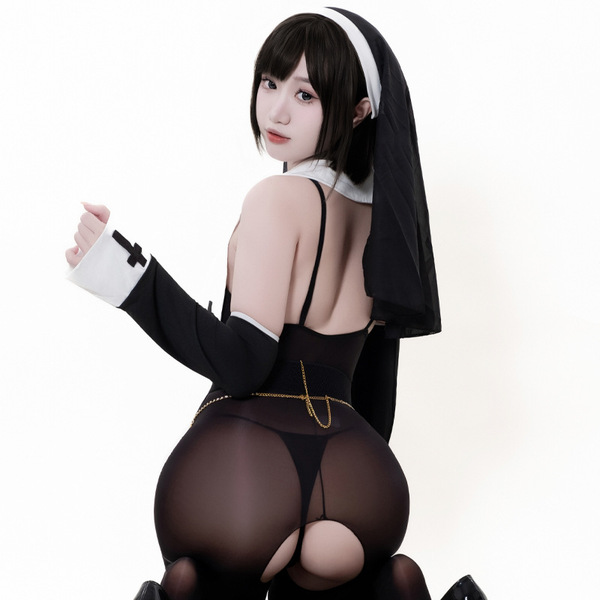 Guiyun original design nun cosplay lingerie set featuring seductive lace cut-out and high-slit design, perfect for cosplay en...