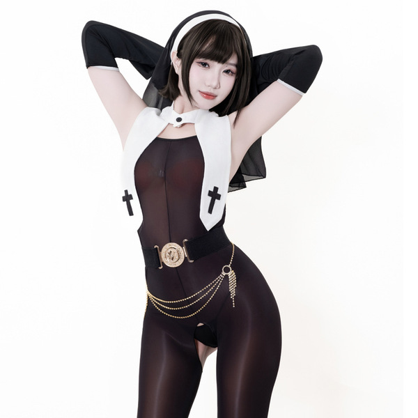 Guiyun original design nun cosplay lingerie set featuring seductive lace cut-out and high-slit design, perfect for erotic out...