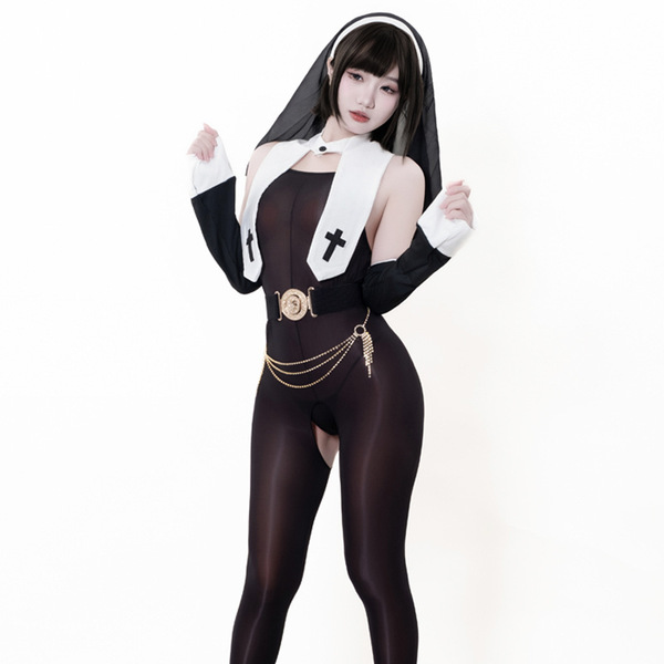 Guiyun original design nun cosplay lingerie set featuring a black bodysuit with white veil, lace cut-out, high-slit design, a...