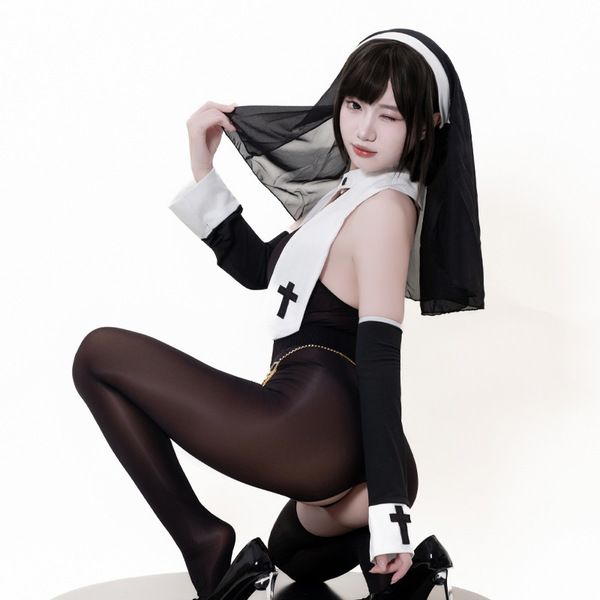 Guiyun original design nun cosplay lingerie set featuring seductive lace cut-out and high-slit design, perfect for erotic out...