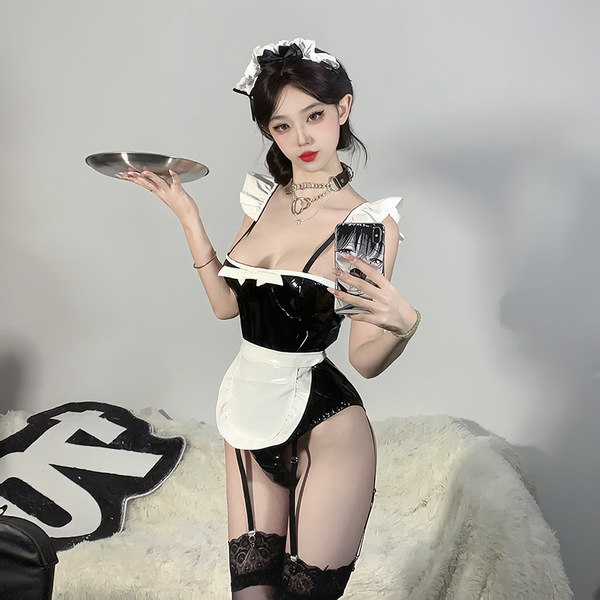 A stylish anime maid costume featuring a black pvc bodysuit with white accents, perfect for roleplay outfits. includes a chic...