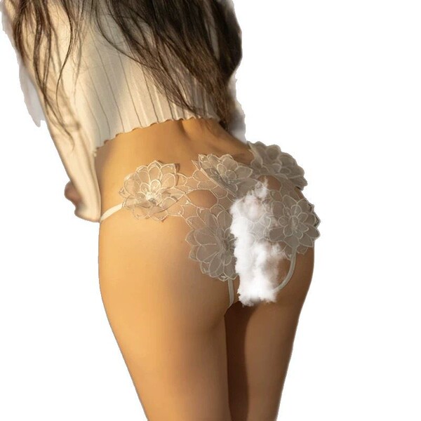 Guiyun sexy lace bikini panties featuring floral embroidery, open-crotch design, and sheer cut-out details.