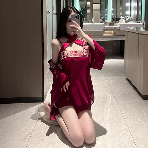 Sensual Hanfu Lingerie Set - Plus Size Ancient Chinese Style Busty Bodice & Matching Skirt, Erotic Palace-Inspired Outfi - H016 Ji Ling'er [Jacket + Tank Top + T-shirt]