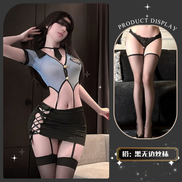 Flirty Lace Nursing Bra Set with Front Clasp & Sheer Stockings - Secretary Style Uniform Outfit - Sea salt clam clam ~ + black brimless stockings