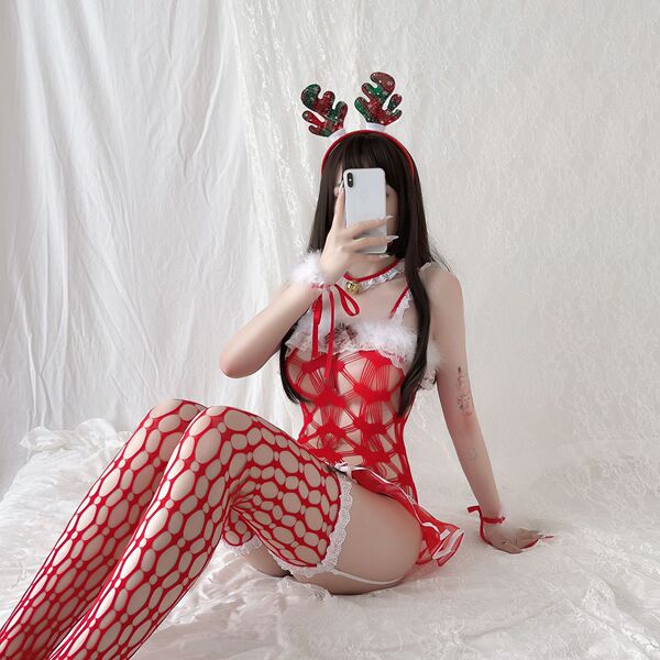 Shimeisha 2025 New Year Red Velvet Deer-Themed Lingerie Set – Sexy Mesh Bodysuit with Plush Antlers - 7445 [Headband + Bell Neck Ring + Mesh Dress (with Garter Belt) + Bracelets * 2 + Thong + Fishnet Stockings]