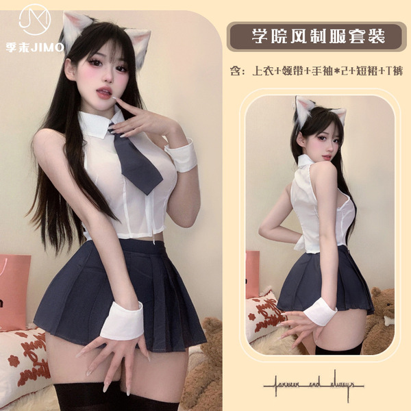 Pure Love Schoolgirl Chiffon Shirt & Pleated Skirt Set - Cute JK Uniform Style Lingerie Outfit - Set + matching hair accessory