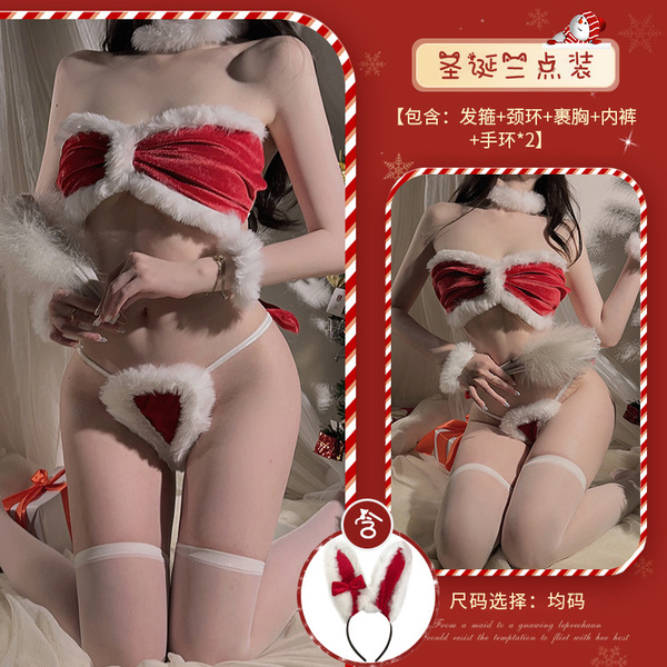 Xianyi New Year Lingerie Set - Velvet Bunny Costume Outfit for Women, Seductive 3-Piece No-Remove Thong Bra Set - Set (headband + choker + tube top + thong + 2 bracelets)