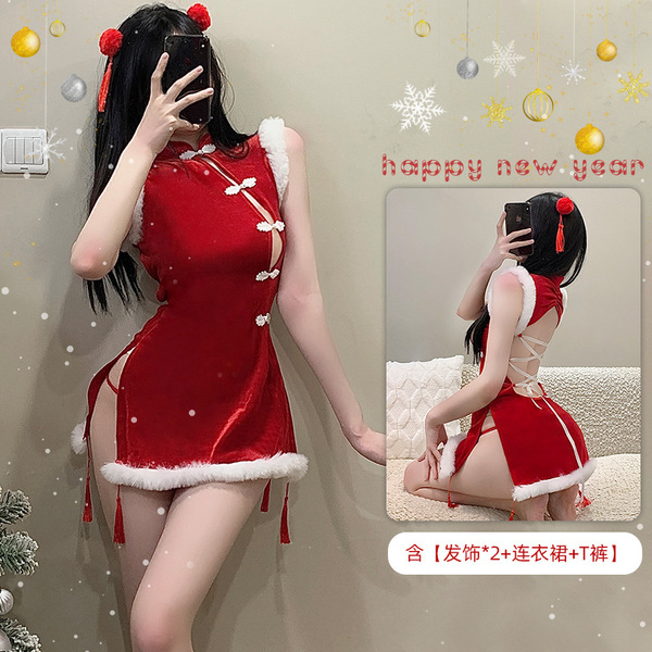 Xianyi Christmas Lingerie Set - Seductive No-Remove Cheongsam Outfit with Sheer Bust, Festive Sexy Costume - Set (including hair accessory)